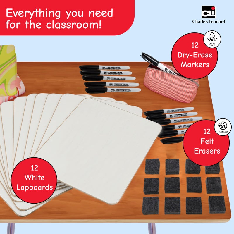 Charles Leonard Dry Erase Lapboard Class Pack, Includes 12 each of Whiteboards, 2 Inch Felt Erasers and Black Dry Erase Markers (35036), 12 Sets - Image 2